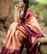 Peach wine silk blend banarasi saree with unstitched blouse piece