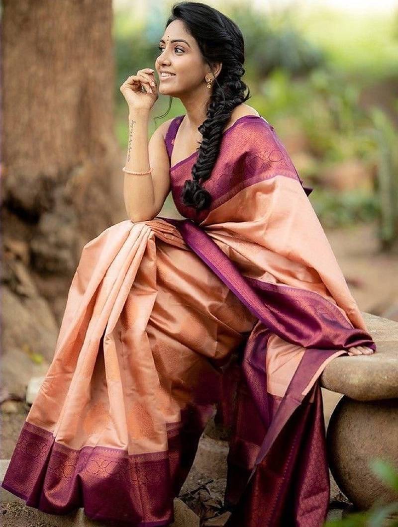 Peach wine soft silk blend banarasi jacuard work designer party wear saree with unstitched blouse piece