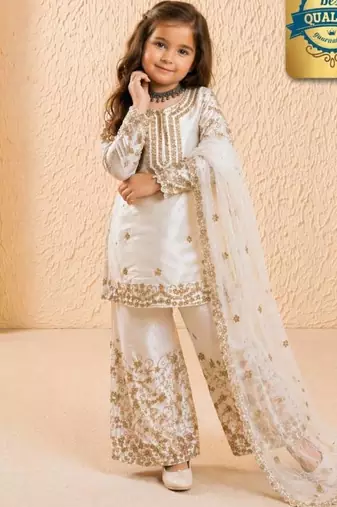 Designer party wear heavy silk kids top sharara & dupatta set