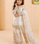 Designer party wear heavy silk kids top sharara & dupatta set