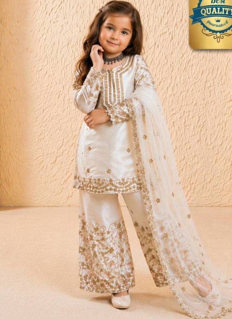Designer party wear heavy silk kids top sharara & dupatta set