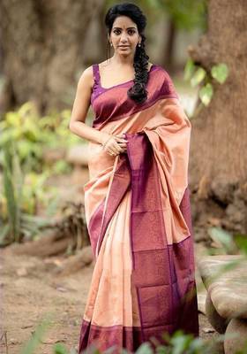 Peach wine silk blend banarasi saree with unstitched blouse piece 2