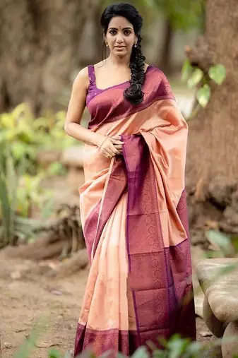 Peach wine silk blend banarasi saree with unstitched blouse piece