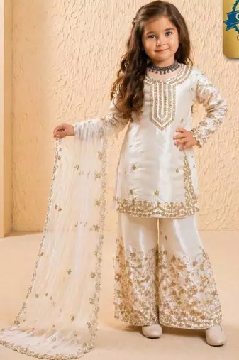 Designer party wear heavy silk kids top sharara & dupatta set