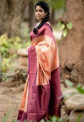 Peach wine silk blend banarasi saree with unstitched blouse piece 3