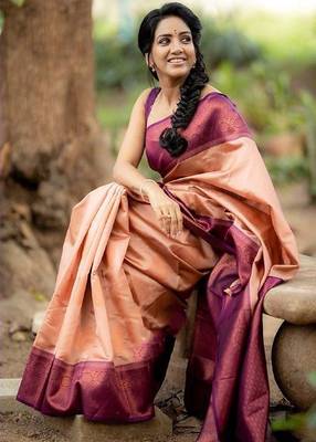 Peach wine silk blend banarasi saree with unstitched blouse piece 4
