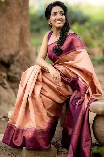 Peach wine silk blend banarasi saree with unstitched blouse piece