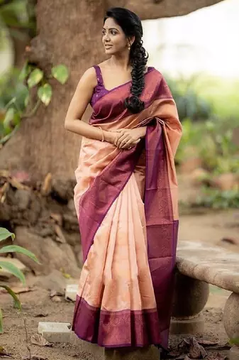 Peach wine silk blend banarasi saree with unstitched blouse piece