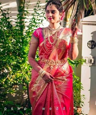 Pink silk blend banarasi saree with unstitched blouse piece 3