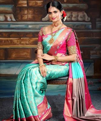 Sky blue pink silk blend banarasi saree with unstitched blouse piece 1