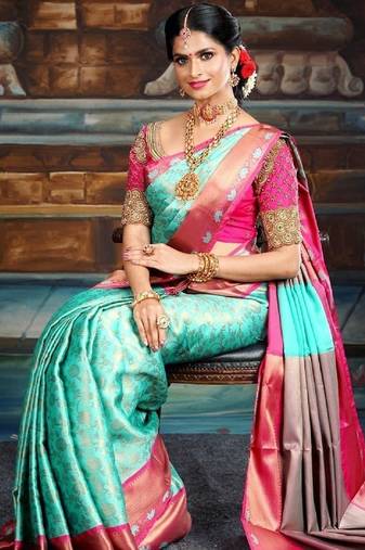 Sky blue pink soft silk blend banarasi jacuard work designer party wear saree with unstitched blouse piece