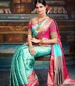 Sky blue pink silk blend banarasi saree with unstitched blouse piece