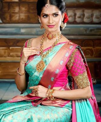 Sky blue pink silk blend banarasi saree with unstitched blouse piece 2