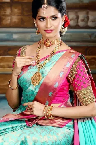 Sky blue pink silk blend banarasi saree with unstitched blouse piece