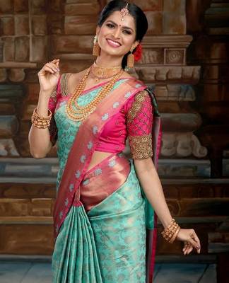 Sky blue pink silk blend banarasi saree with unstitched blouse piece 3