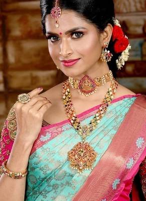 Sky blue pink silk blend banarasi saree with unstitched blouse piece 4