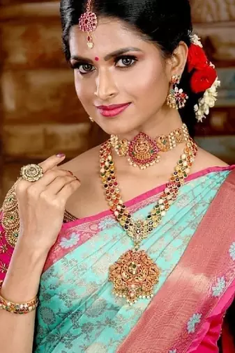 Sky blue pink silk blend banarasi saree with unstitched blouse piece