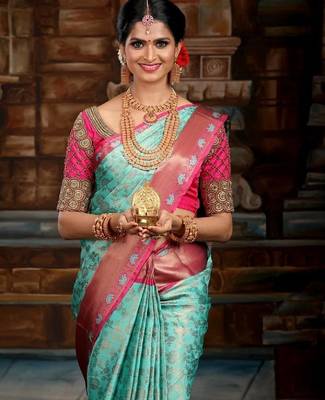Sky blue pink silk blend banarasi saree with unstitched blouse piece 5