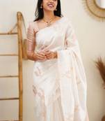 White silk blend banarasi saree with unstitched blouse piece