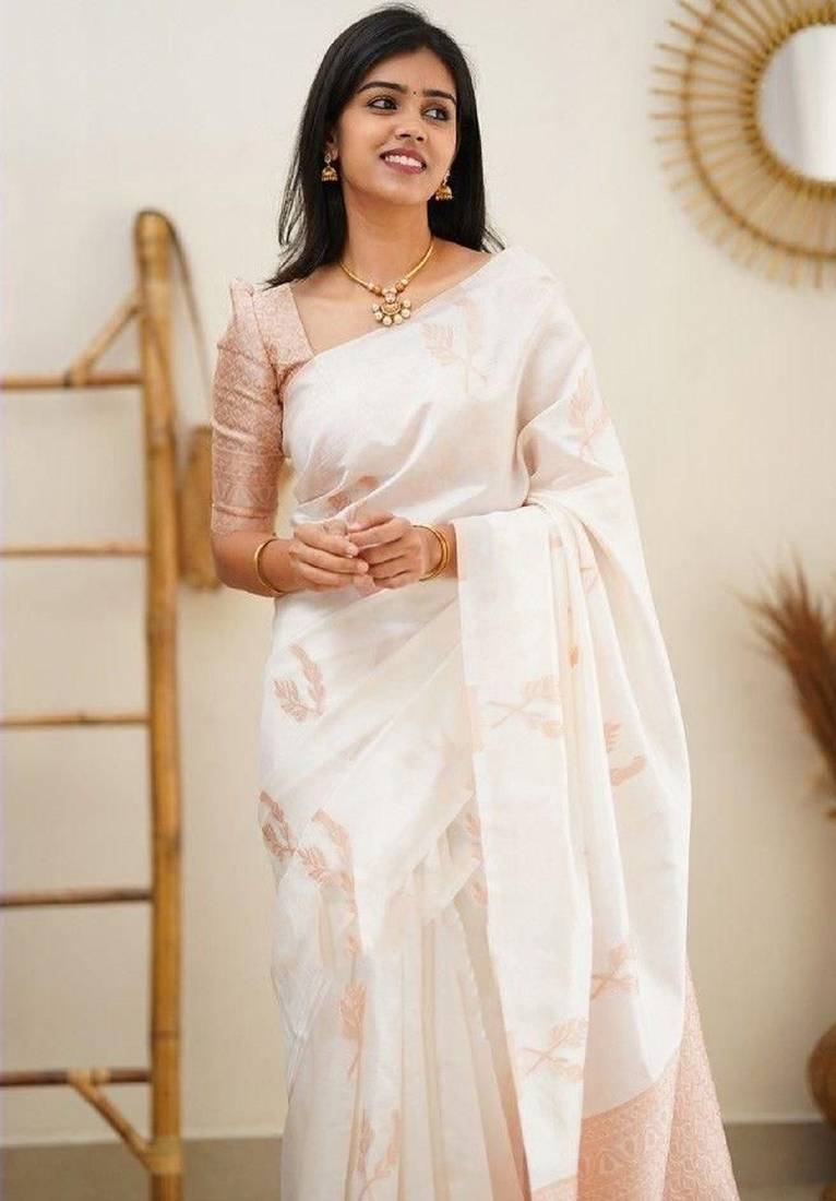White soft silk blend banarasi jacuard work designer party wear saree with unstitched blouse piece