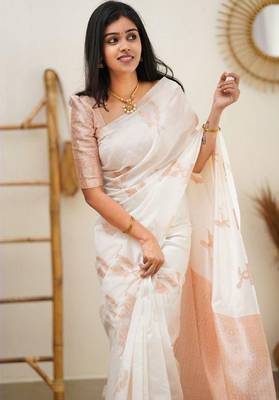 White silk blend banarasi saree with unstitched blouse piece 3