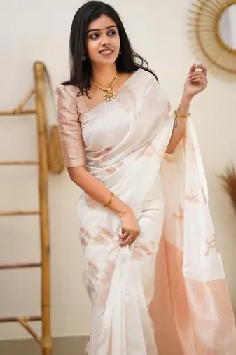 White silk blend banarasi saree with unstitched blouse piece