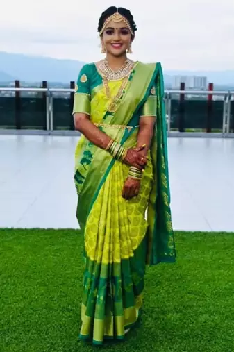 Parrot green soft silk blend banarasi jacuard work designer party wear saree with unstitched blouse piece