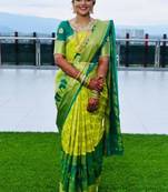 Parrot green silk blend banarasi saree with unstitched blouse piece