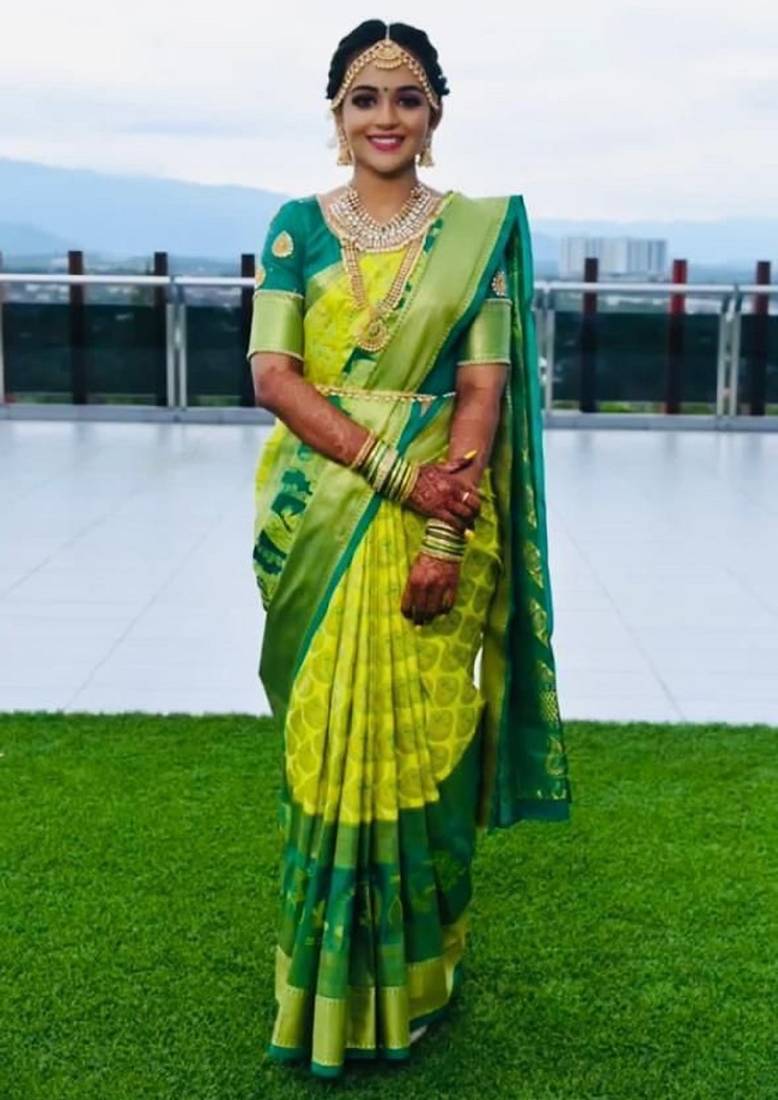 Parrot green soft silk blend banarasi jacuard work designer party wear saree with unstitched blouse piece