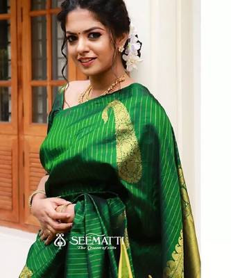 Green silk blend banarasi saree with unstitched blouse piece 3