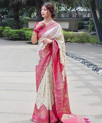 White pink silk blend banarasi saree with unstitched blouse piece 1