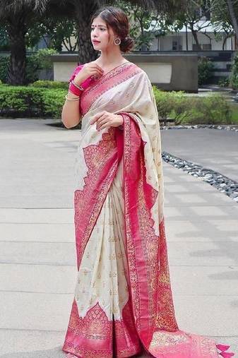 White pink soft silk blend banarasi jacuard work designer party wear saree with unstitched blouse piece