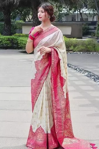 White pink soft silk blend banarasi jacuard work designer party wear saree with unstitched blouse piece