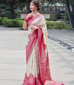 White pink silk blend banarasi saree with unstitched blouse piece