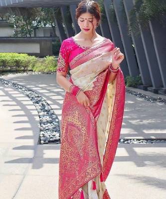 White pink silk blend banarasi saree with unstitched blouse piece 2