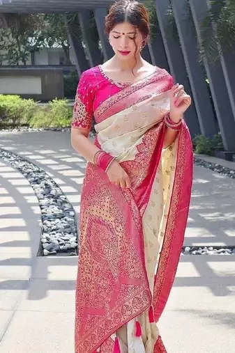 White pink silk blend banarasi saree with unstitched blouse piece