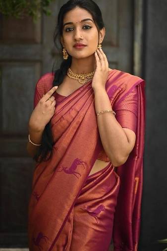 Rani pink soft silk blend banarasi jacuard work designer party wear saree with unstitched blouse piece