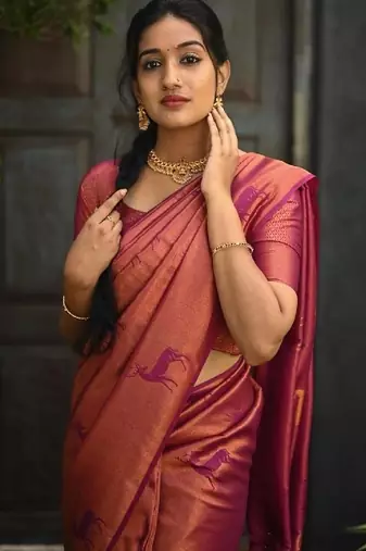 Rani pink soft silk blend banarasi jacuard work designer party wear saree with unstitched blouse piece