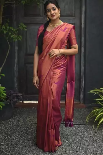 Rani pink silk blend banarasi saree with unstitched blouse piece