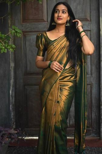 Green soft silk blend banarasi jacuard work designer party wear saree with unstitched blouse piece