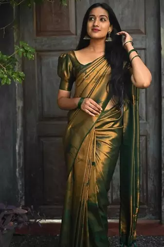 Green soft silk blend banarasi jacuard work designer party wear saree with unstitched blouse piece