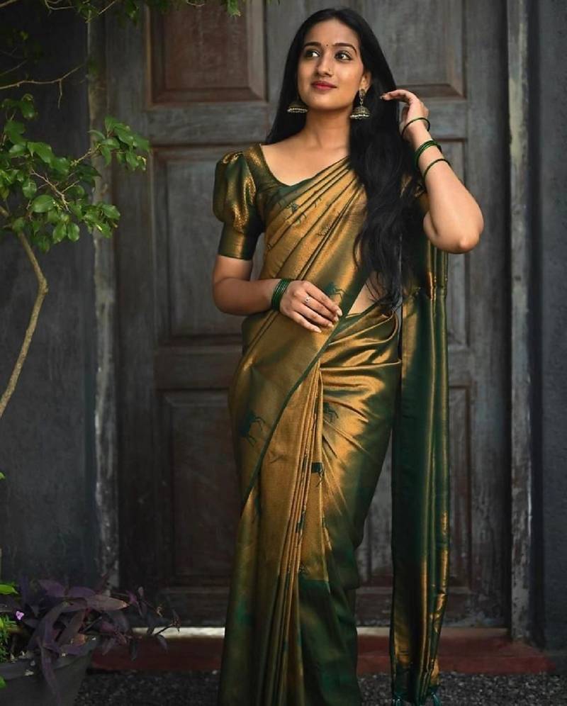 Green soft silk blend banarasi jacuard work designer party wear saree with unstitched blouse piece