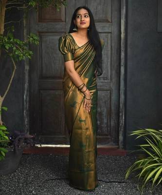 Green silk blend banarasi saree with unstitched blouse piece 3