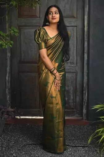 Green silk blend banarasi saree with unstitched blouse piece