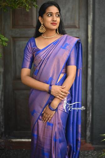 Blue soft silk blend banarasi jacuard work designer party wear saree with unstitched blouse piece