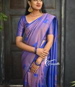 Blue silk blend banarasi saree with unstitched blouse piece