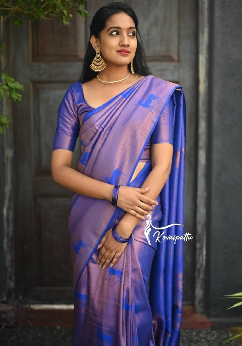 Blue soft silk blend banarasi jacuard work designer party wear saree with unstitched blouse piece