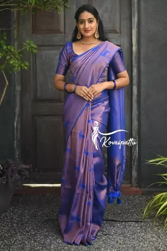 Blue silk blend banarasi saree with unstitched blouse piece