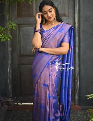 Blue silk blend banarasi saree with unstitched blouse piece 3