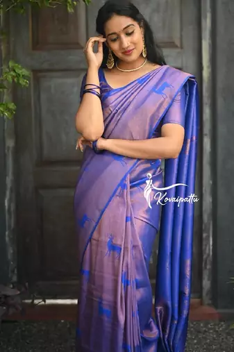 Blue silk blend banarasi saree with unstitched blouse piece